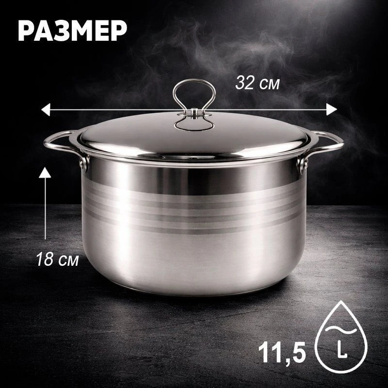 Кастрюля 11,5л 32*18см нерж.сталь с мет.крышкой JC-184
