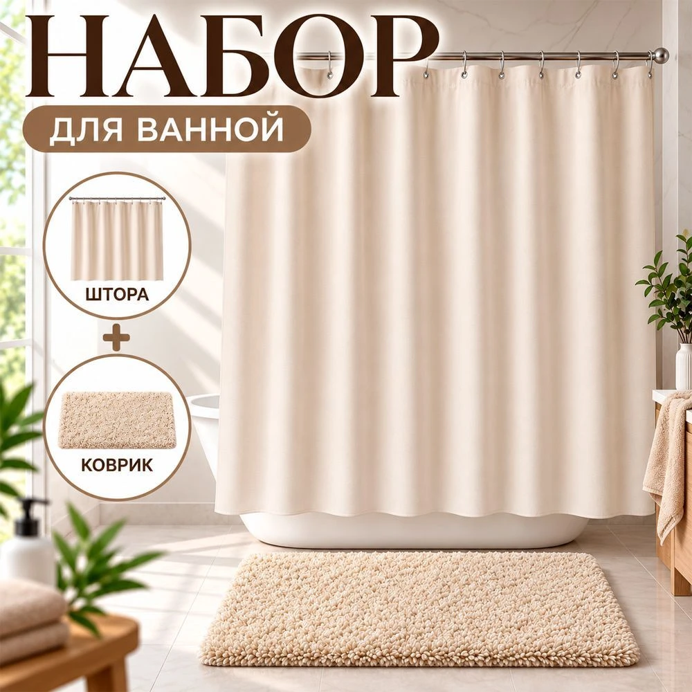 Комплект для ванной 2пр штора и коврик 180*180/45*65см полиэстер бежевый (36)