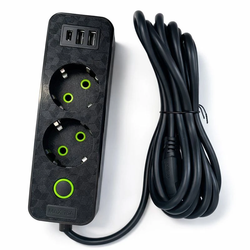 Удлинитель 2 гнезда пластик 5м с выключателем +3USB (80)