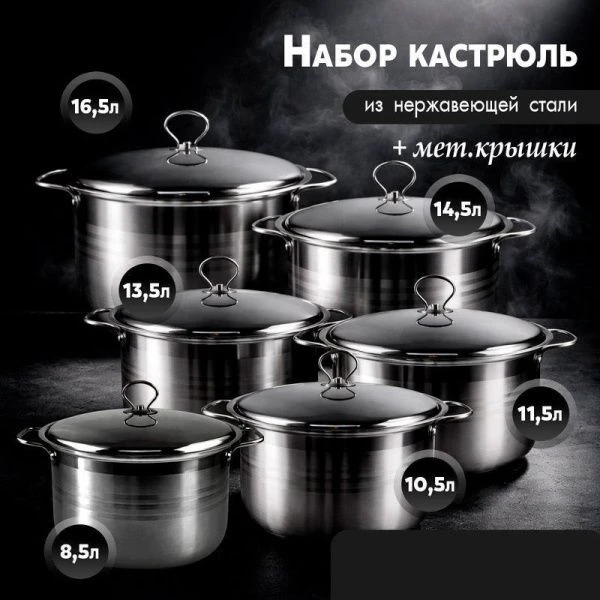 Набор кастрюль 6пр (8,5/10,5/11,5/13,5/14,5/16,5л) нерж.сталь с мет.крышками JC-181