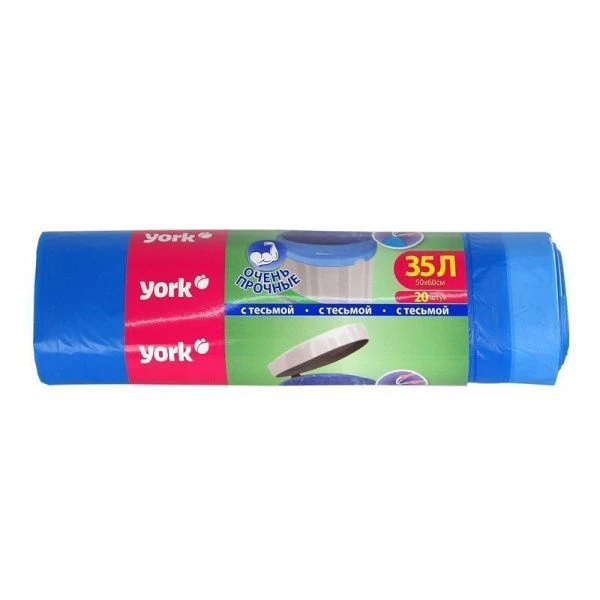 Пакеты для мусора 35л/20шт 15мкм полиэтилен с тесьмой YORK (30)