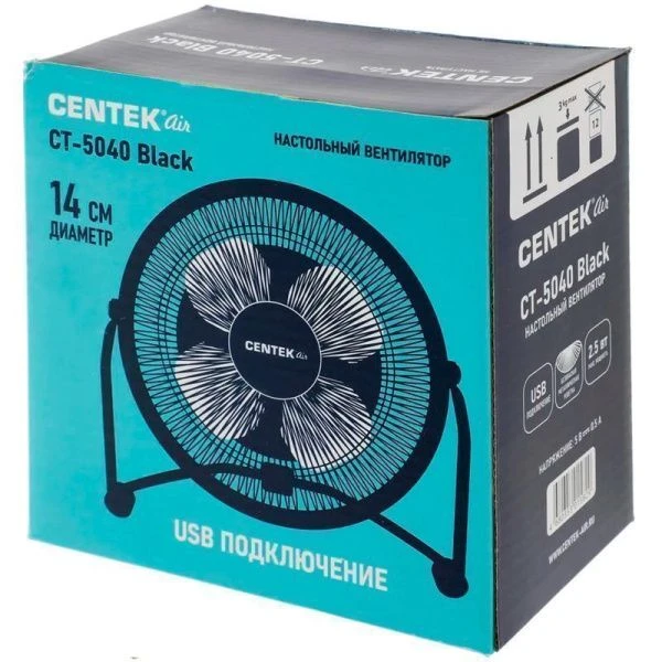Вентилятор настольный металл Centek CT-5040 черный 2,5Вт, мет.решётка 14см, USB-порт (24)