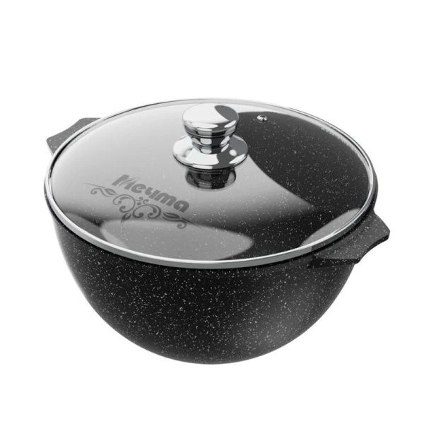 Казан для плова 10л алюминий АП ГРАНИТ BLACK стекл.крышка 34см (3)