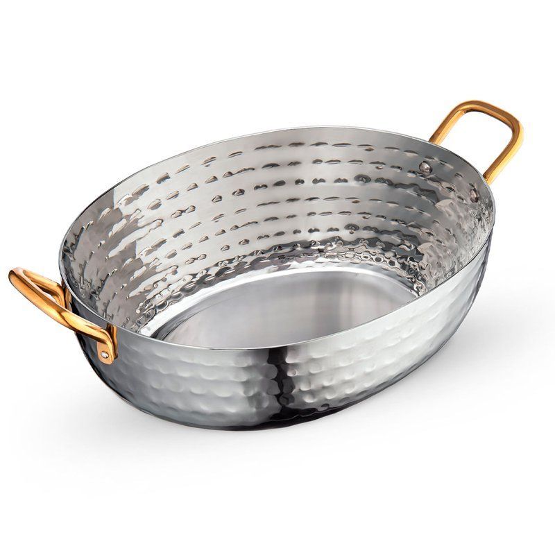 Сковорода сервировочная 18*14*5,5см нерж.сталь Silver глубокая с 2-мя зол.ручками WL-554135/S (6/24)