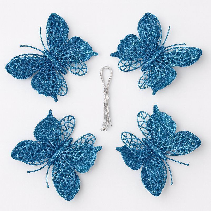 Игрушки новогодние на елку БАБОЧКА набор 4шт 9,5*10см пластик синий OSHRIP-421/JC-16557 (1600)