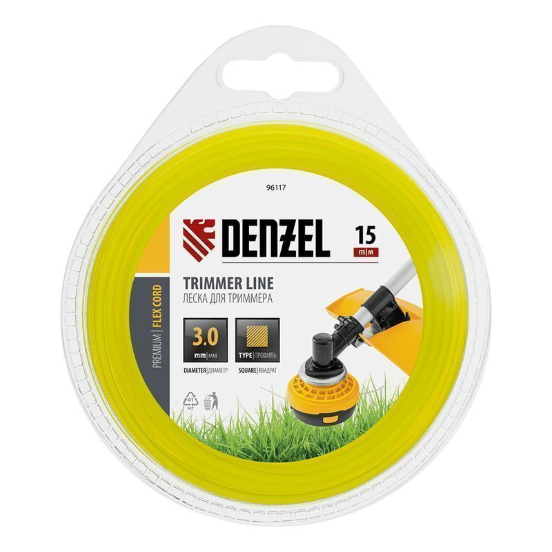 Леска для триммера нейлон 15м, d 3мм квадрат с жилой, двухкомпонентная DENZEL (1)