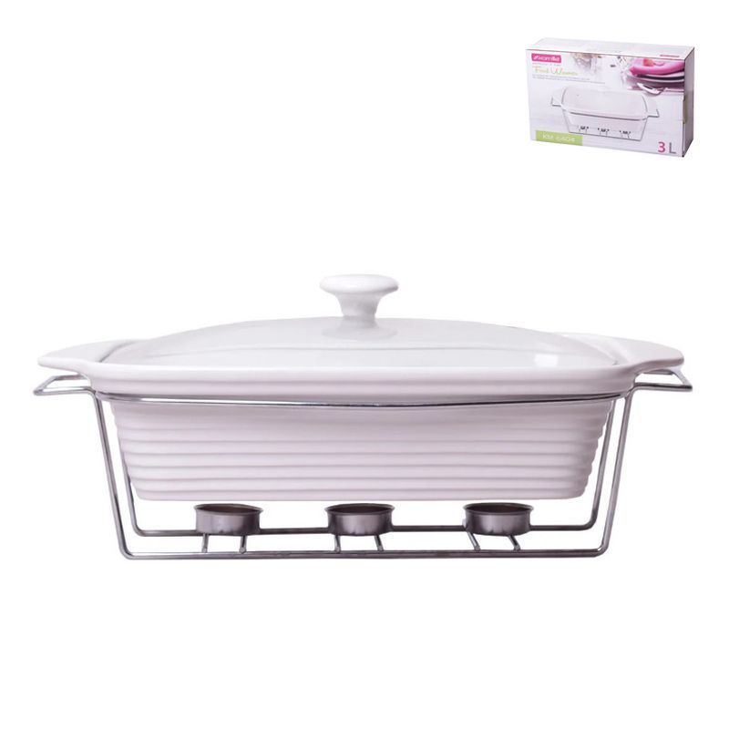 Мармит 3л керамика прямоугольный (3 свечи, стекл.крышка, мет.подставка) 39*12*23см арт. 6404