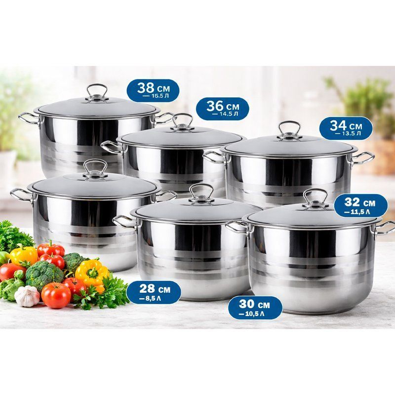 Набор кастрюль 6пр (28*17/30*17/32*18/34*18/36*19/38*19см) нерж.сталь с мет.крышками индукция JC-181