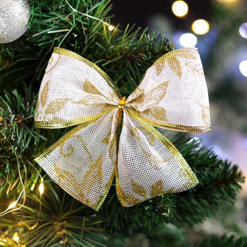 Украшение новогоднее БАНТ 14*10см текстиль ледяной цветок золотой (12)