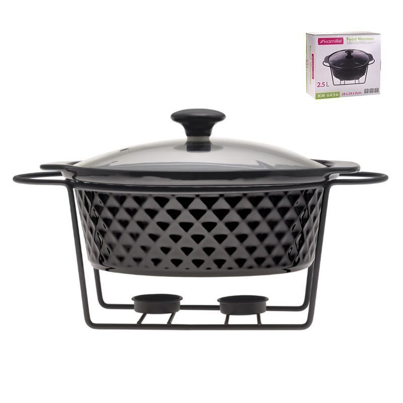 Мармит 2,5л 28*24*9см керамика круглый 2 свечи мет.подставка черный арт.6426 (4)