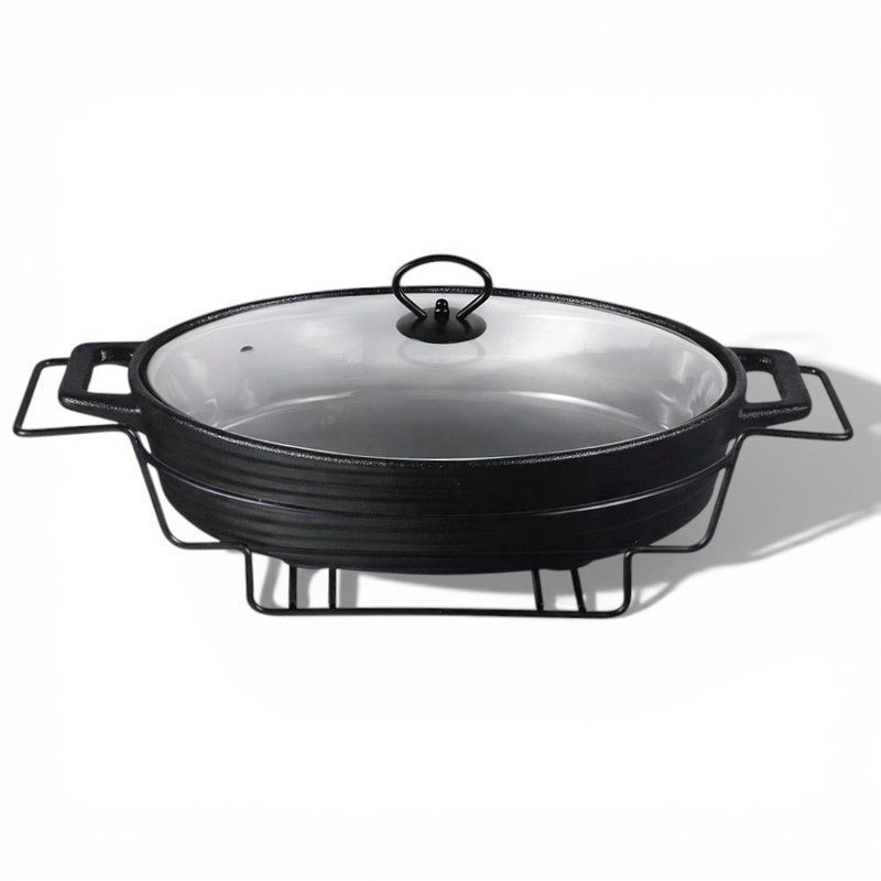 Мармит 3,5л керамика овальный (стекл.крышка, мет.подставка) 43*26,5*12см черный (4)