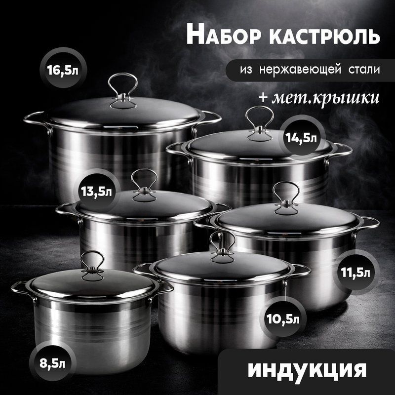 Набор кастрюль 6пр (8,5/10,5/11,5/13,5/14,5/16,5л) нерж.сталь с мет.крышками индукция JC-181