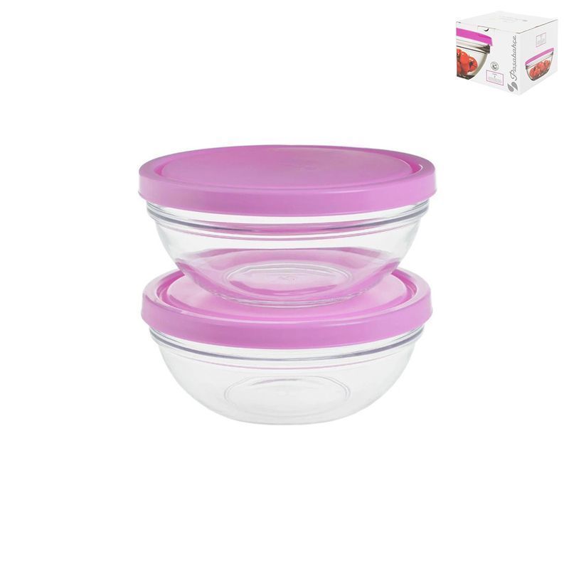 Салатники набор 2пр 17см 1л стекло ШЕФС с розовой крышкой (12)