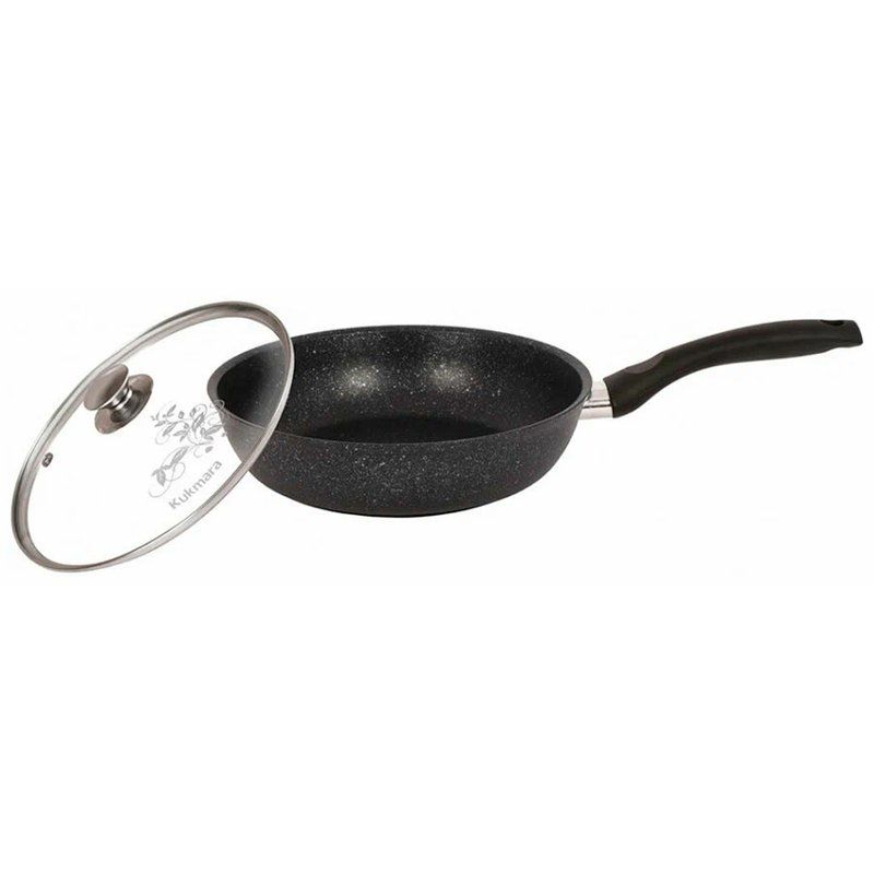 Сковорода 28см h6,5см алюминий АП с несъемной ручкой стекл.крышкой темный мрамор (4)