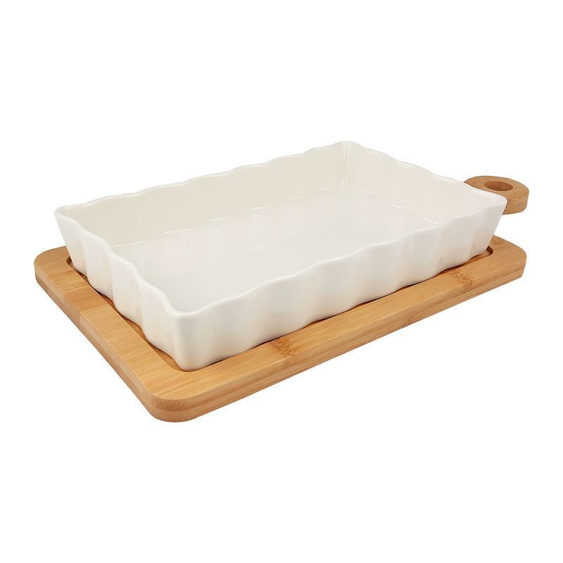 Блюдо 21*13*3,5см фарфор на бамбук.подставке 33,5*16,5см прямоугольное подар.уп Jd7390/JC-14154 (24)