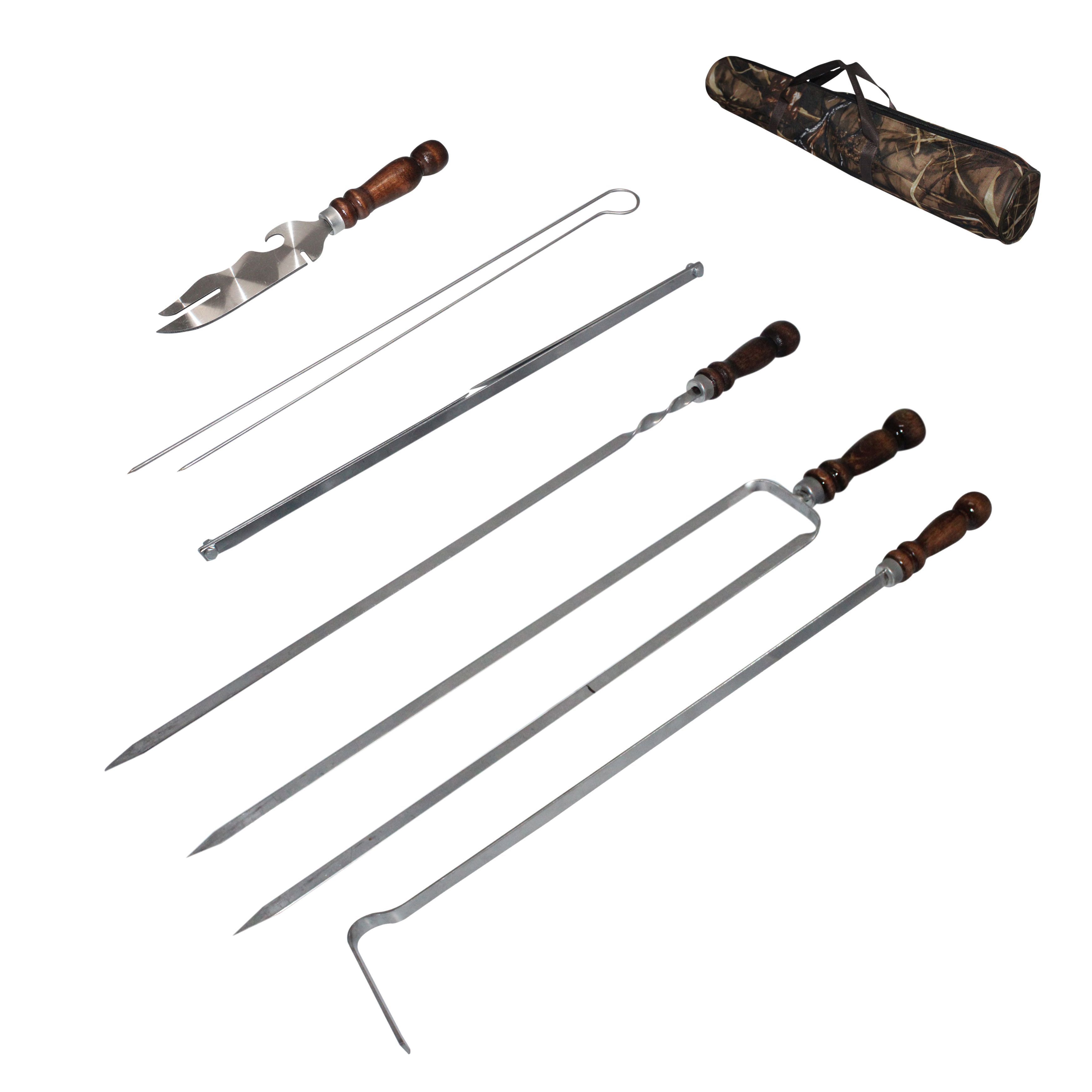 Набор походный (шампура 6шт,для грибов 2шт,нож,вилка-шампур,таганок,кочерга) сталь в тубусе камуфляж