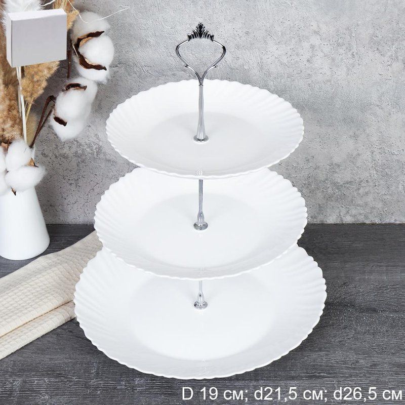 Этажерка сервировочная 3 яруса 19/21,5/26,5см стеклокерамика КЛАССИКА белая LHP75/85/105 (12)