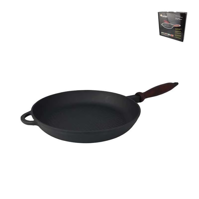 Сковорода 26см h4см чугун рифленая с несъемной деревянной ручкой (5)