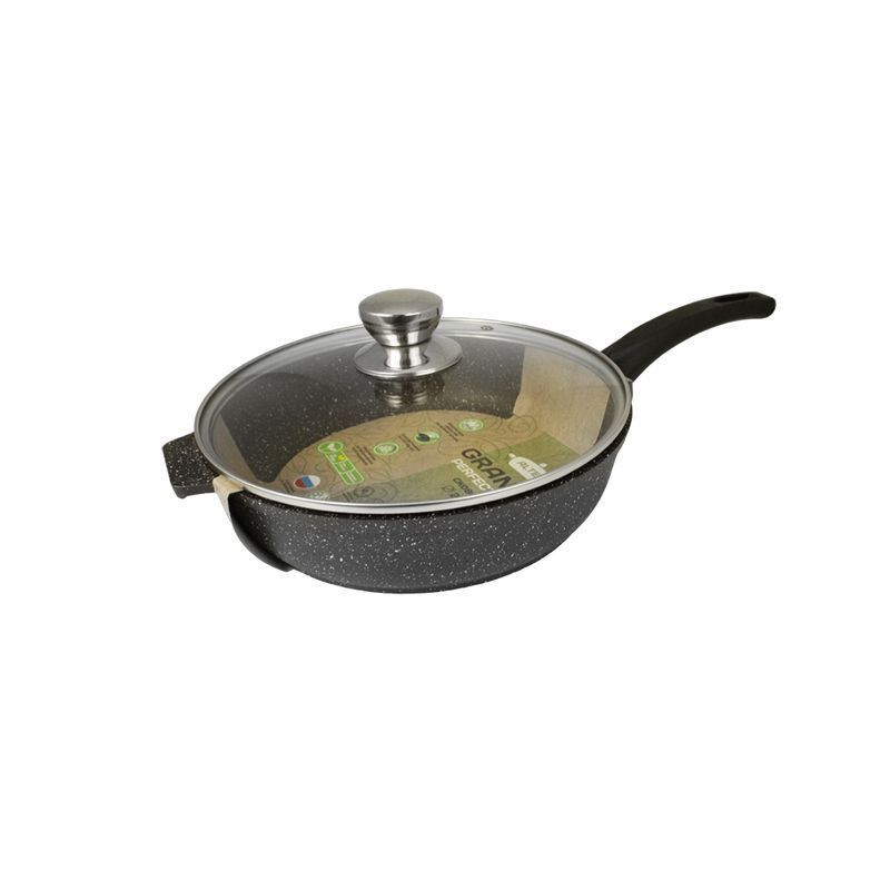 Сковорода 24см алюминий АП Granit Perfection chocolate с несъемной ручкой стекл.крышкой (8)