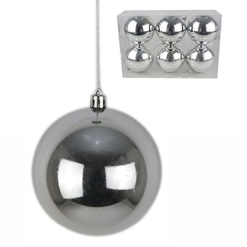 Игрушки новогодние на елку ШАР набор 6шт 10см пластик блестящий (серебро) (24)