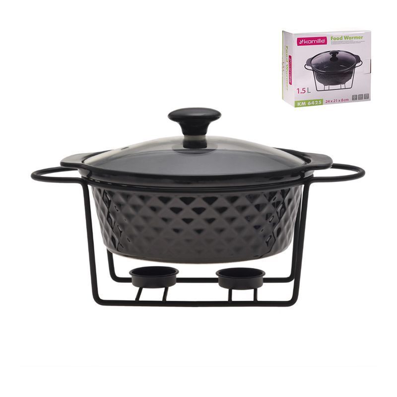 Мармит 1,5л 24*21*8см керамика круглый 2 свечи мет.подставка черный арт.6425 (4)