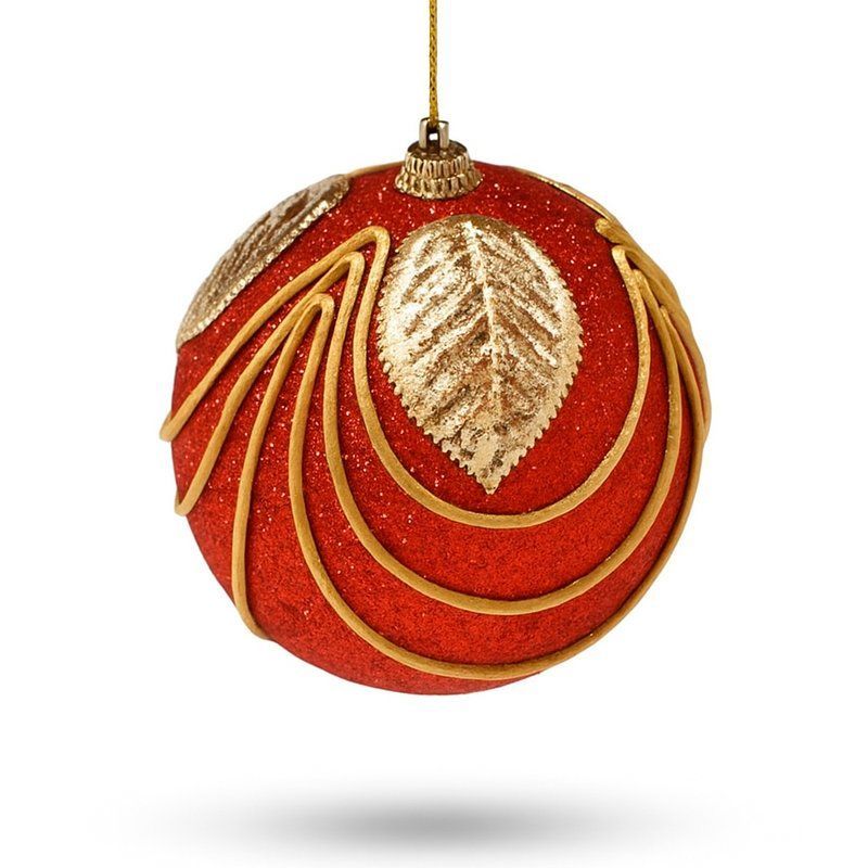 Игрушка новогодняя на елку ШАР 10см Листок пластик красный с золотом JC-15044 (216)