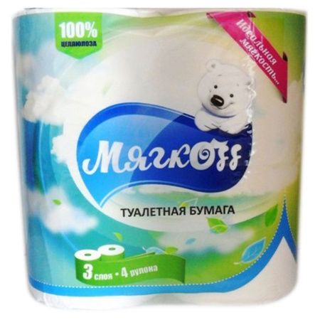 Бумага туалетная МЯГКОФФ 4шт белая 3-х слойная с втулкой ТБ,М,3,4Б вт (12)