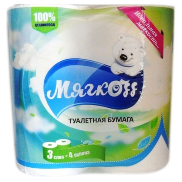 Бумага туалетная МЯГКОФФ 4шт белая 3-х слойная с втулкой ТБ,М,3,4Б вт (12)