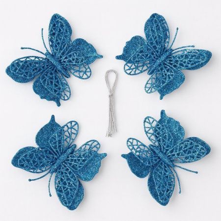 Игрушки новогодние на елку БАБОЧКА набор 4шт 9,5*10см пластик синий OSHRIP-421/JC-16557 (1600)
