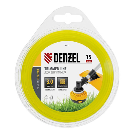 Леска для триммера нейлон 15м, d 3мм квадрат с жилой, двухкомпонентная DENZEL (1)