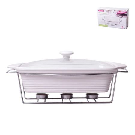 Мармит 3л керамика прямоугольный (3 свечи, стекл.крышка, мет.подставка) 39*12*23см арт. 6404