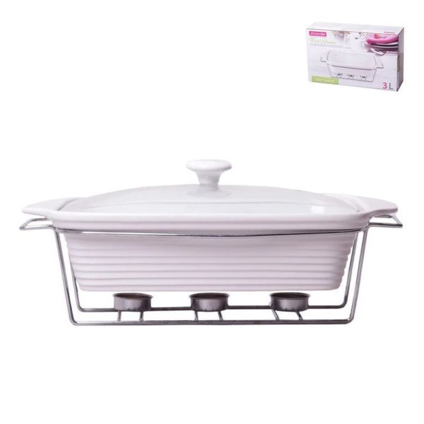 Мармит 3л керамика прямоугольный (3 свечи, стекл.крышка, мет.подставка) 39*12*23см арт. 6404