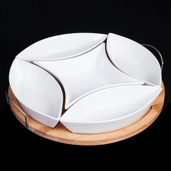 Менажница 5 секций 250мл/200мл*4шт 30*5см керамика на дер.подставке JD6031B (12)