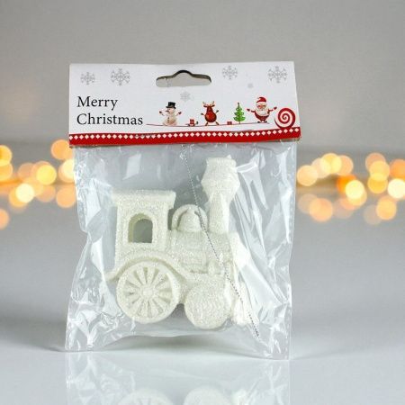 Игрушка новогодняя на елку ПАРОВОЗ 9*7см пластик белая OSHR21-536/JC-16463 (1200)