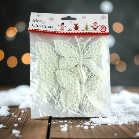 Игрушки новогодние на елку БАБОЧКА набор 4шт 9,5*10см пластик белый OSHRIP-421/JC-16553 (1600)