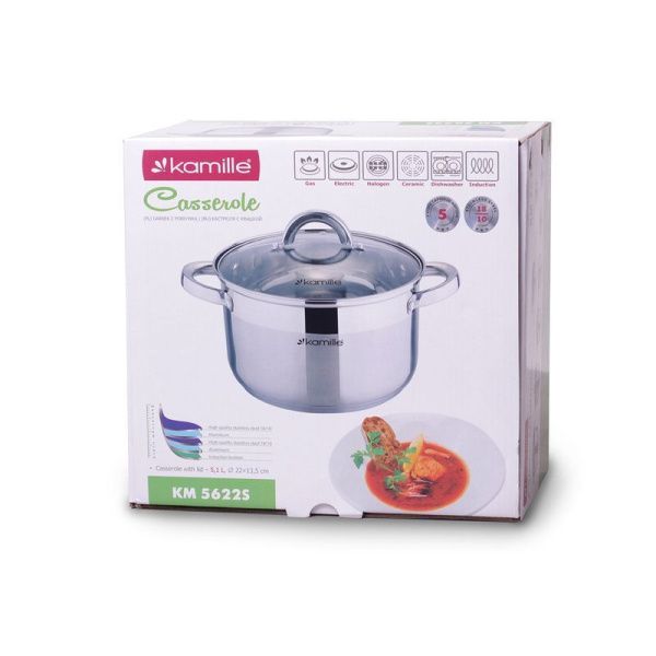 Кастрюля 5,1л нерж.сталь со стекл.крышкой 22см 5-ти сл.дно арт.5622S (8)