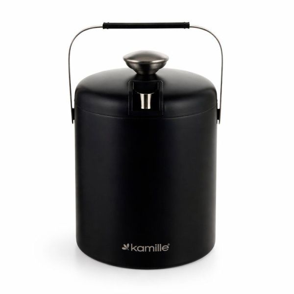 Ведерко для льда с крышкой 1,3л нерж.сталь щипцы, поддон с отверстиями, черный, арт. 7767 (12)