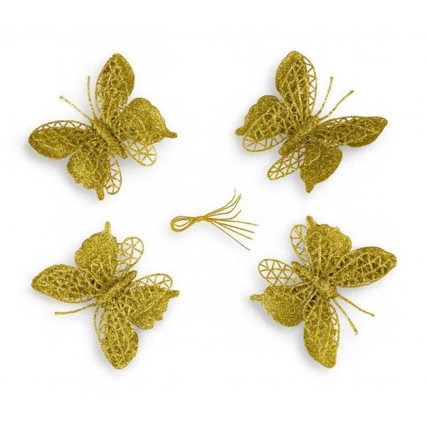 Игрушки новогодние на елку БАБОЧКА набор 4шт 9,5*10см пластик золото OSHRIP-421/JC-16554 (800)