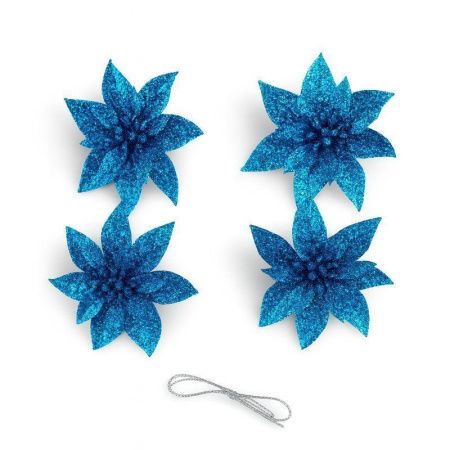 Игрушки новогодние на елку ПУАНСЕТТИЯ набор 4шт 6,5*6,5см синий OSHRIP-418/JC-16462 (1600)