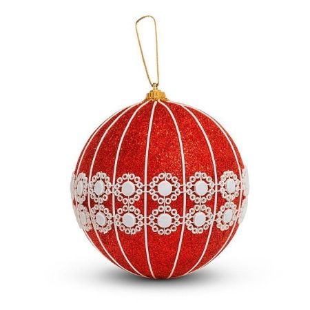 Игрушка новогодняя на елку ШАР 10см пластик с тесьмой красный с розовым JC-15130 (216)