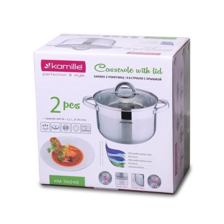 Кастрюля 6,5л нерж.сталь со стекл.крышкой 24см 5-ти сл.дно арт.5616S (8)