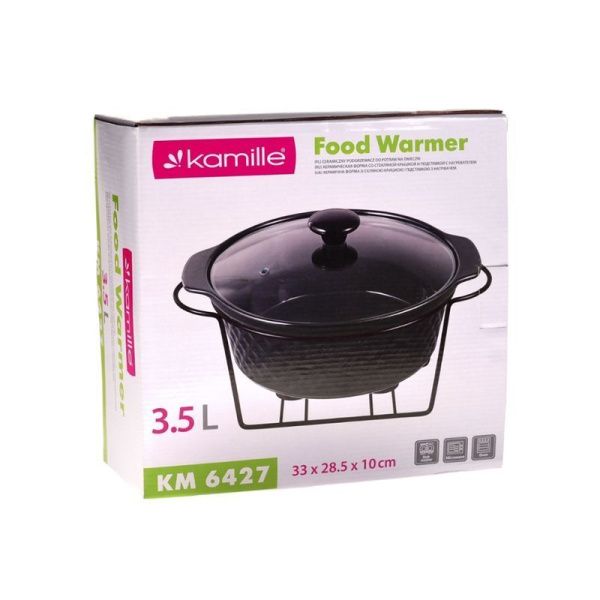 Мармит 3,5л 33*28,5*10см керамика круглый 3 свечи мет.подставка черный арт.6427 (4)