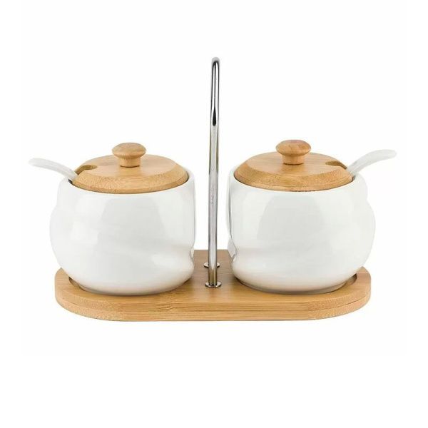 Сахарницы набор 2пр 220мл 18*9*13см фарфор Naturel с ложками на бамбуковой подставке