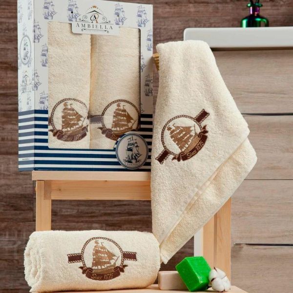 Набор полотенец махровых 2пр 50*90см/70*140см КОРАБЛИК кремовый