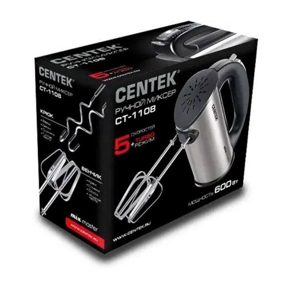 Миксер нерж.сталь/пластик Centek CT-1108 черный/стальной 600Вт,5 скоростей+турбо,взбив./замешив.(6)