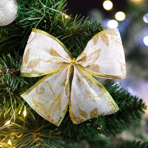 Украшение новогоднее БАНТ 14*10см текстиль ледяной цветок золотой (12)