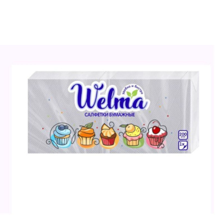 Салфетки бумажные WELMA 1-х слойные 200шт 24*24 Белые (24)