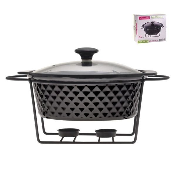 Мармит 2,5л 28*24*9см керамика круглый 2 свечи мет.подставка черный арт.6426 (4)