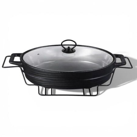 Мармит 3,5л керамика овальный (стекл.крышка, мет.подставка) 43*26,5*12см черный (4)