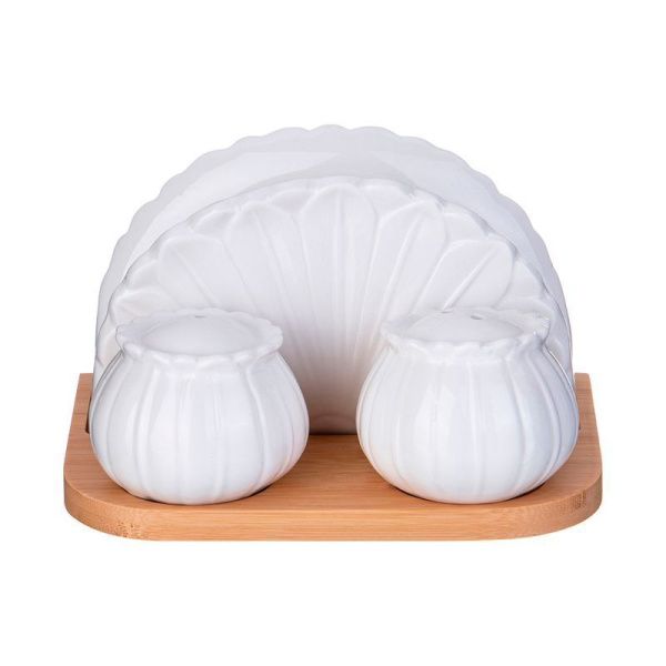 Набор для специй 3пр (солонка, перечница, салфетница) фарфор Native на дер.подставке (24)